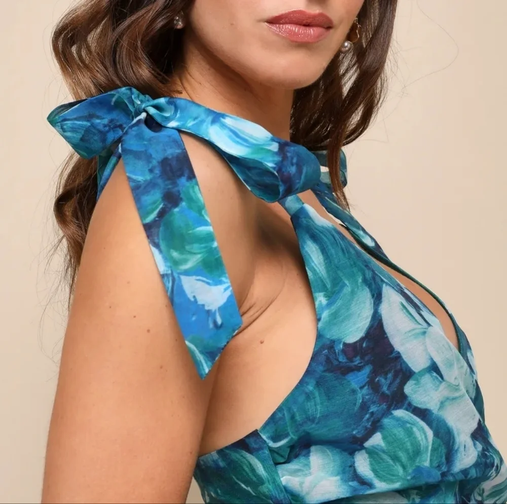 NWT Lulus Flowering Day Dream Teal Blue Floral Organza Midi Dress – Size S - Picture 14 of 15
